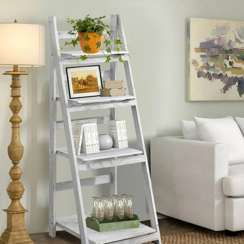 Latitude Run 4 tier Ladder Shelf Plant Shelf Ladder Shelves White Folding Shelf Stable Wooden Shelf Freestanding Plant Shelves Flowerpot Stand Indoor Ladder Bookshelf For Office Bedroom Balcony white ...